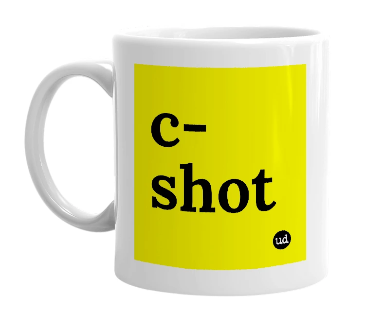 White mug with 'c-shot' in bold black letters
