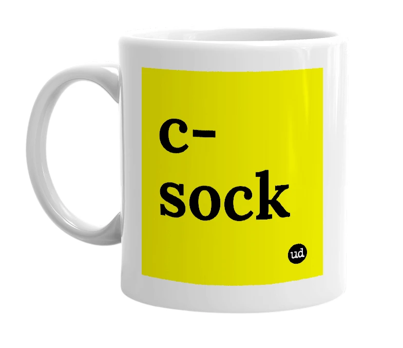 White mug with 'c-sock' in bold black letters