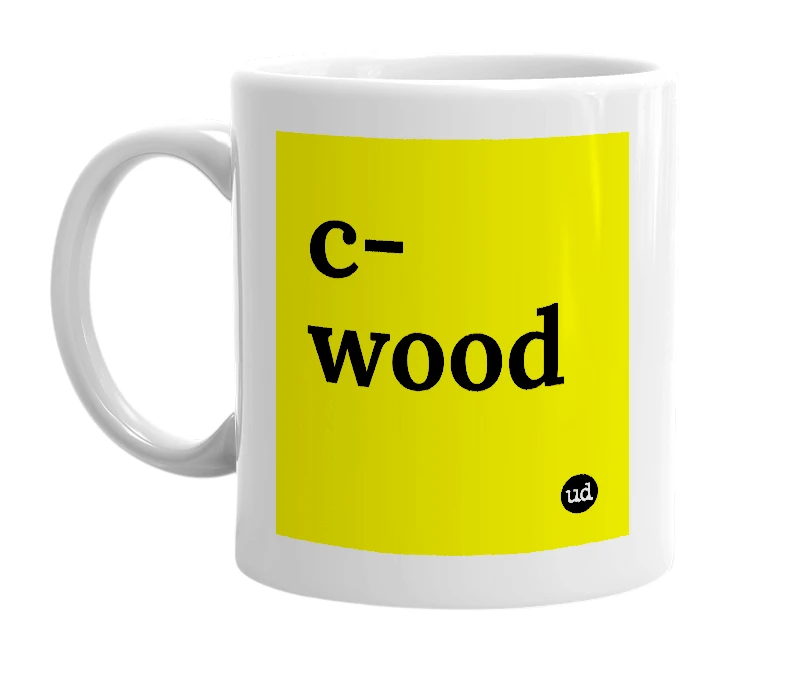 White mug with 'c-wood' in bold black letters