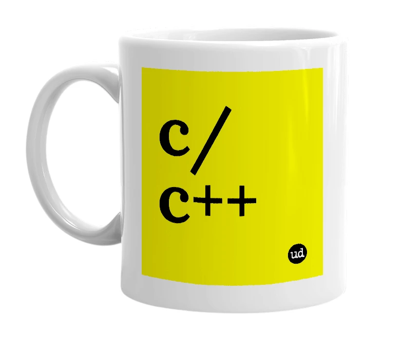 White mug with 'c/c++' in bold black letters