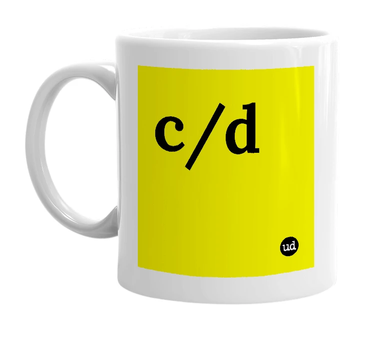 White mug with 'c/d' in bold black letters