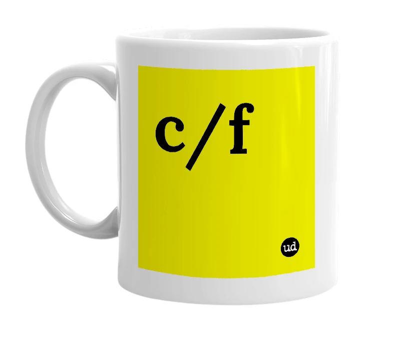 White mug with 'c/f' in bold black letters