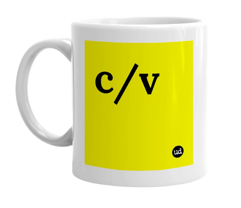 White mug with 'c/v' in bold black letters