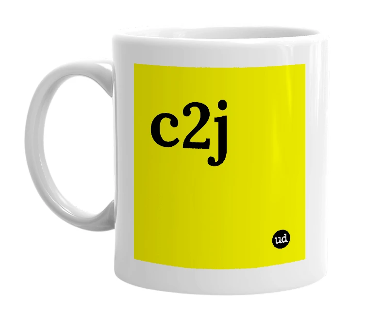 White mug with 'c2j' in bold black letters