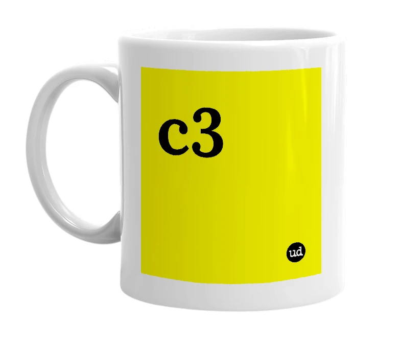 White mug with 'c3' in bold black letters