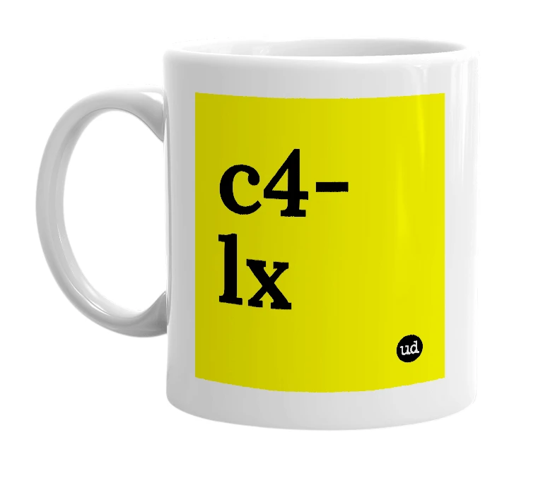 White mug with 'c4-lx' in bold black letters