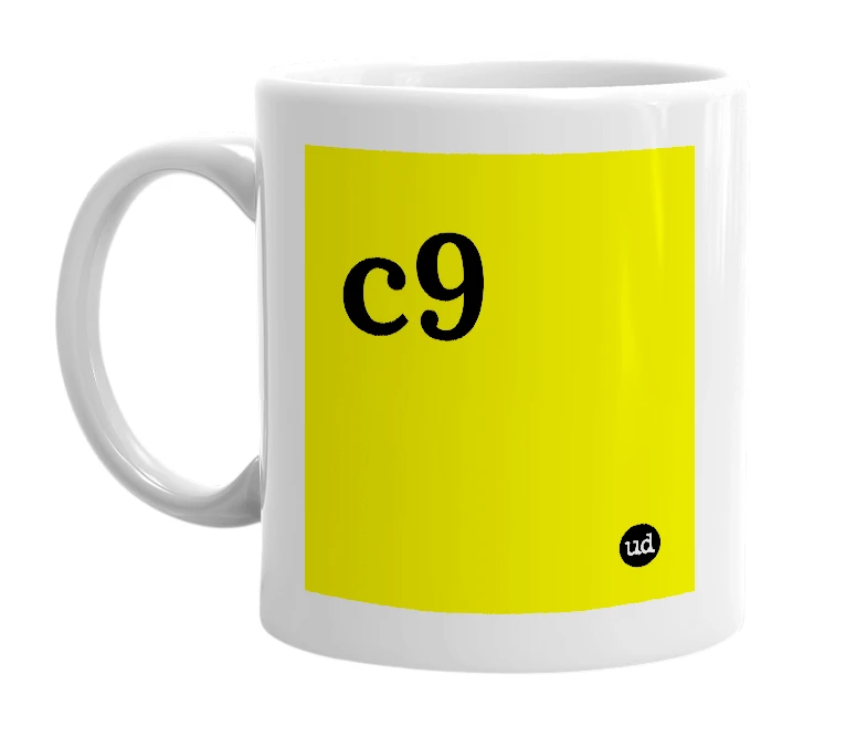 White mug with 'c9' in bold black letters