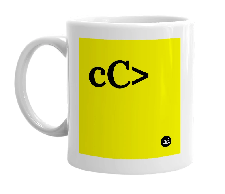 White mug with 'cC>' in bold black letters