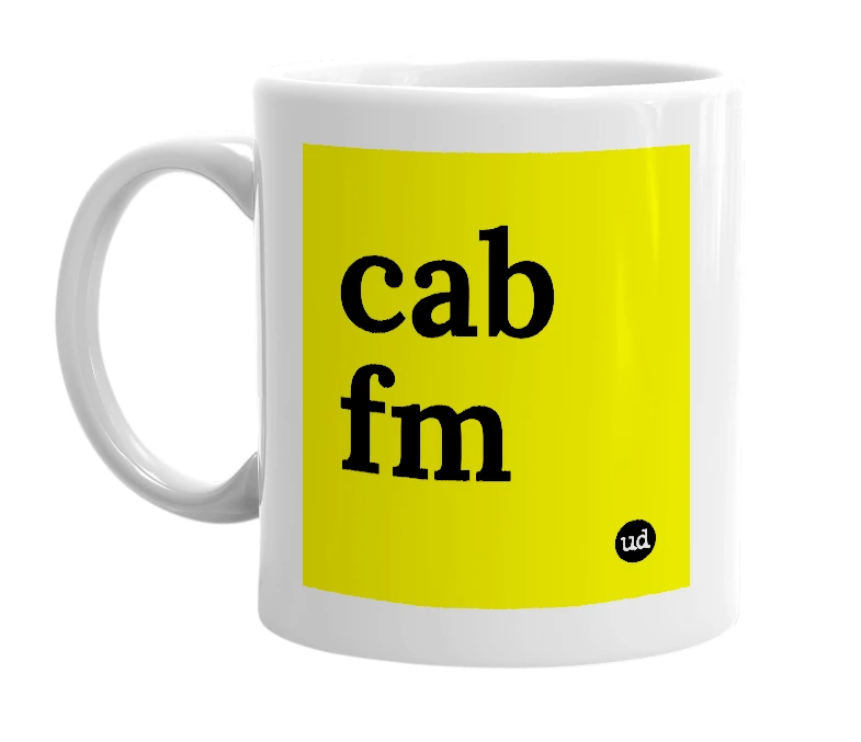 White mug with 'cab fm' in bold black letters