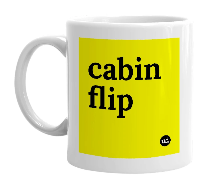 White mug with 'cabin flip' in bold black letters