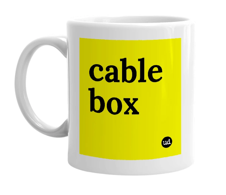 White mug with 'cable box' in bold black letters