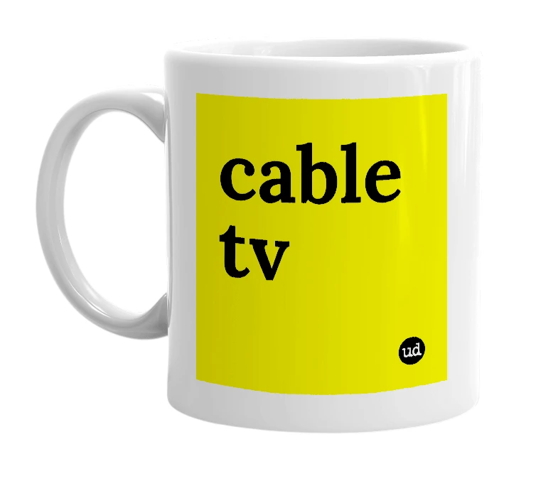 White mug with 'cable tv' in bold black letters