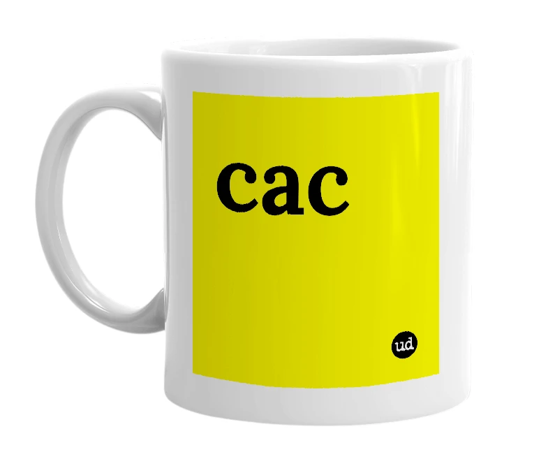 White mug with 'cac' in bold black letters