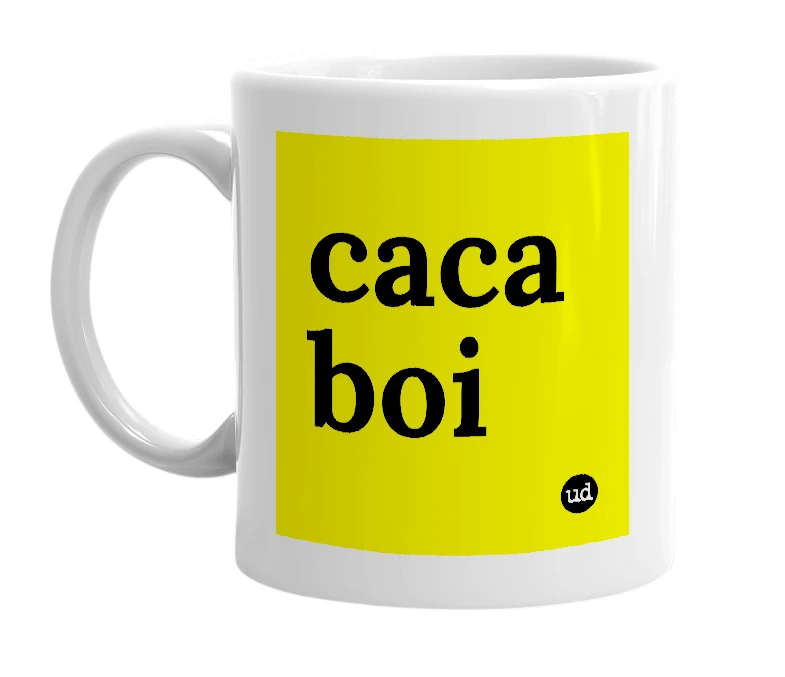 White mug with 'caca boi' in bold black letters