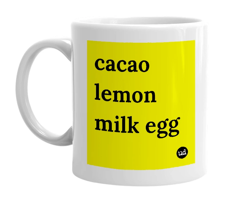 White mug with 'cacao lemon milk egg' in bold black letters