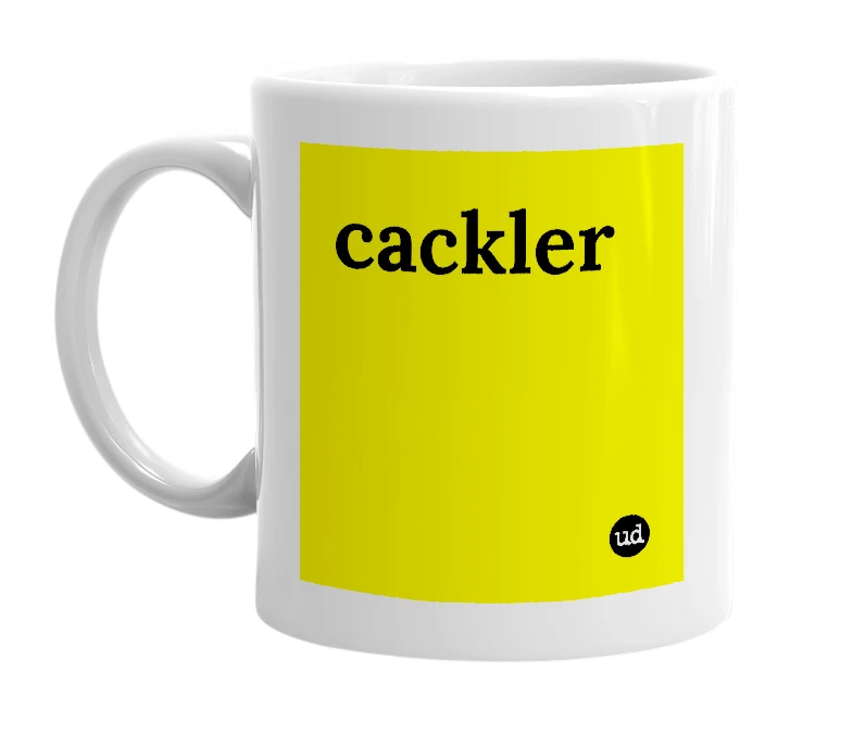 White mug with 'cackler' in bold black letters