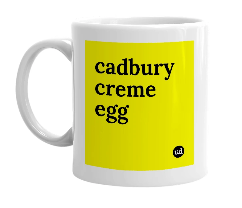 White mug with 'cadbury creme egg' in bold black letters