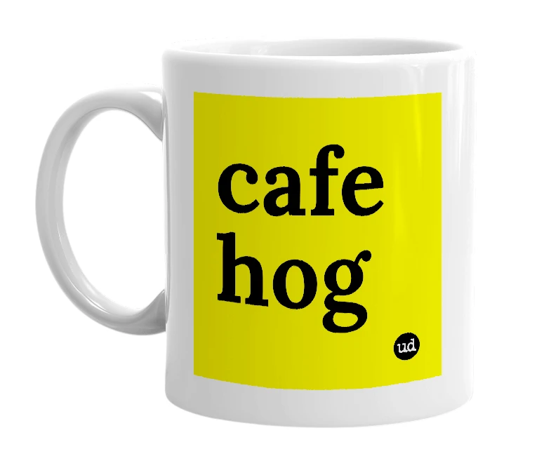 White mug with 'cafe hog' in bold black letters
