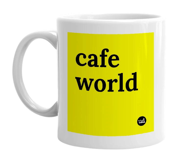 White mug with 'cafe world' in bold black letters