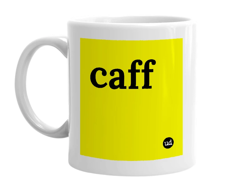 White mug with 'caff' in bold black letters