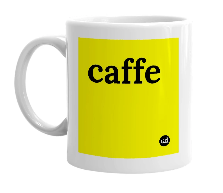 White mug with 'caffe' in bold black letters