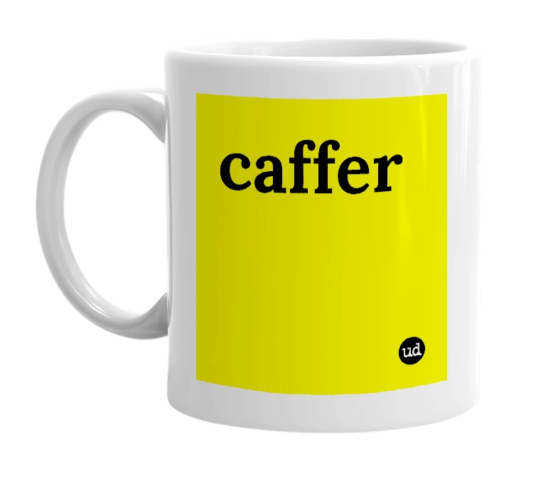 White mug with 'caffer' in bold black letters