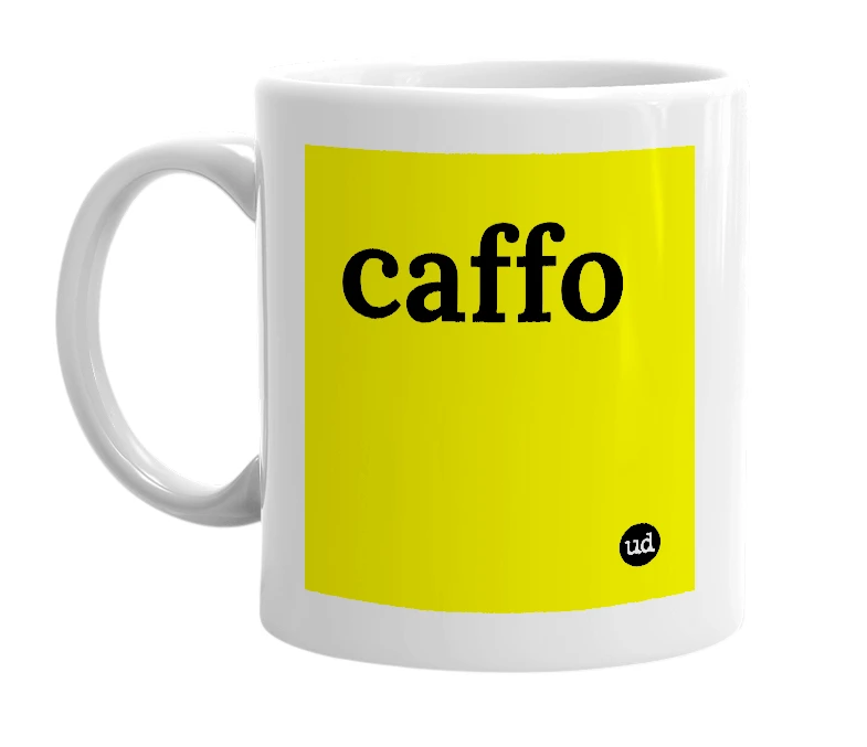 White mug with 'caffo' in bold black letters