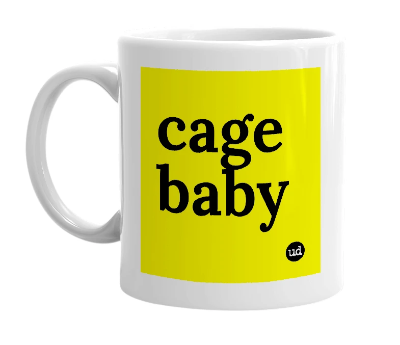 White mug with 'cage baby' in bold black letters