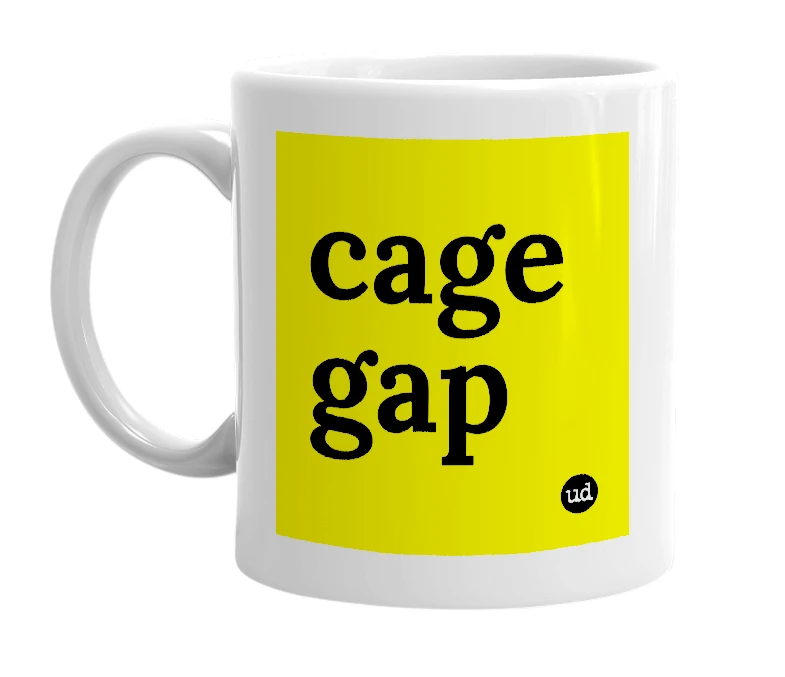 White mug with 'cage gap' in bold black letters