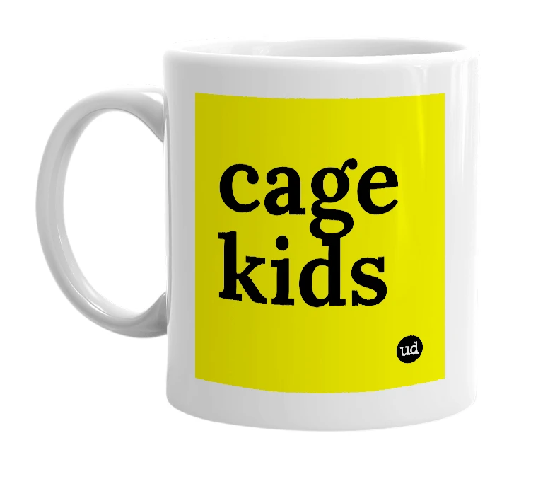 White mug with 'cage kids' in bold black letters