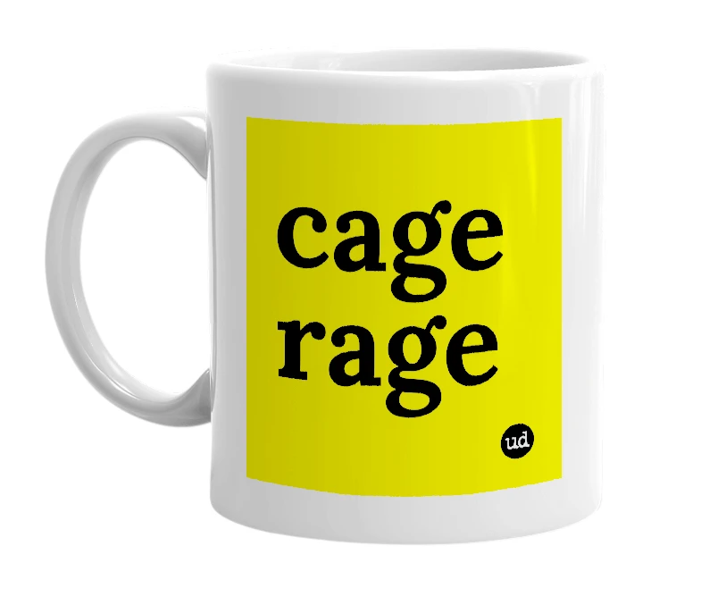 White mug with 'cage rage' in bold black letters