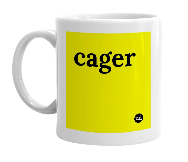 White mug with 'cager' in bold black letters