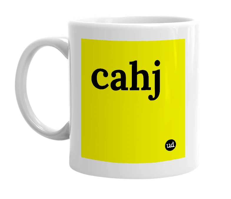 White mug with 'cahj' in bold black letters