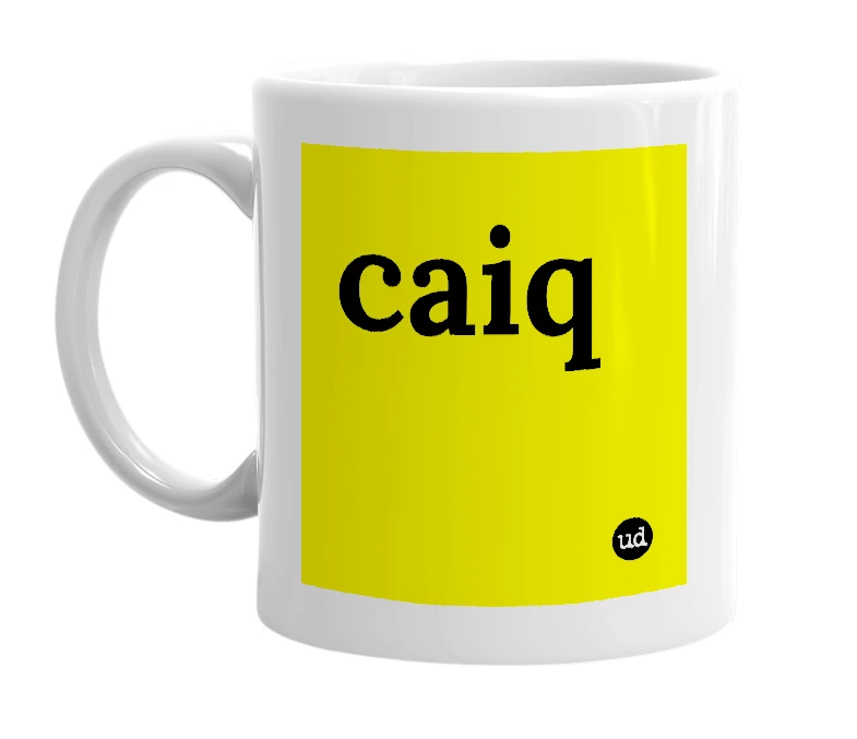 White mug with 'caiq' in bold black letters