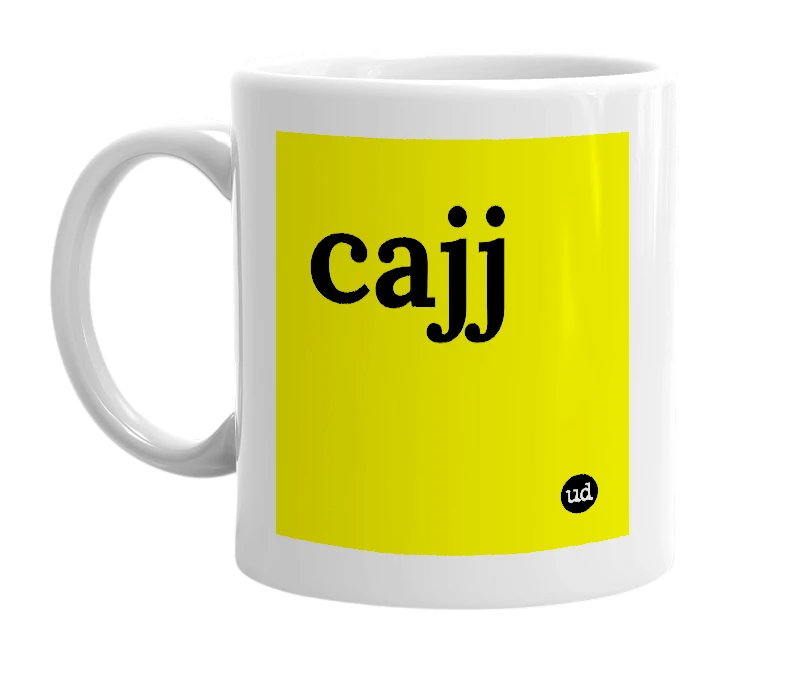 White mug with 'cajj' in bold black letters