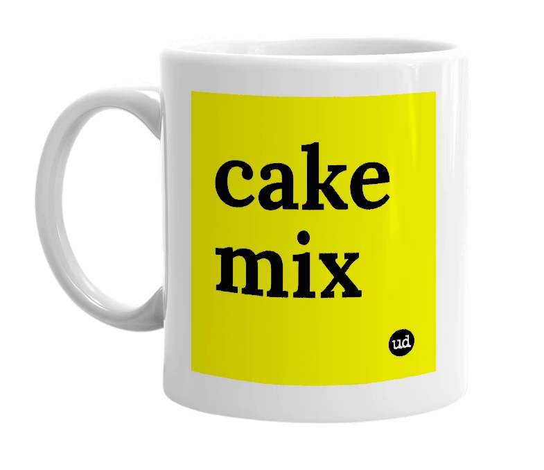 White mug with 'cake mix' in bold black letters