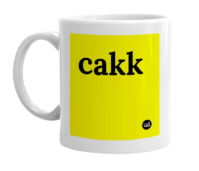 White mug with 'cakk' in bold black letters