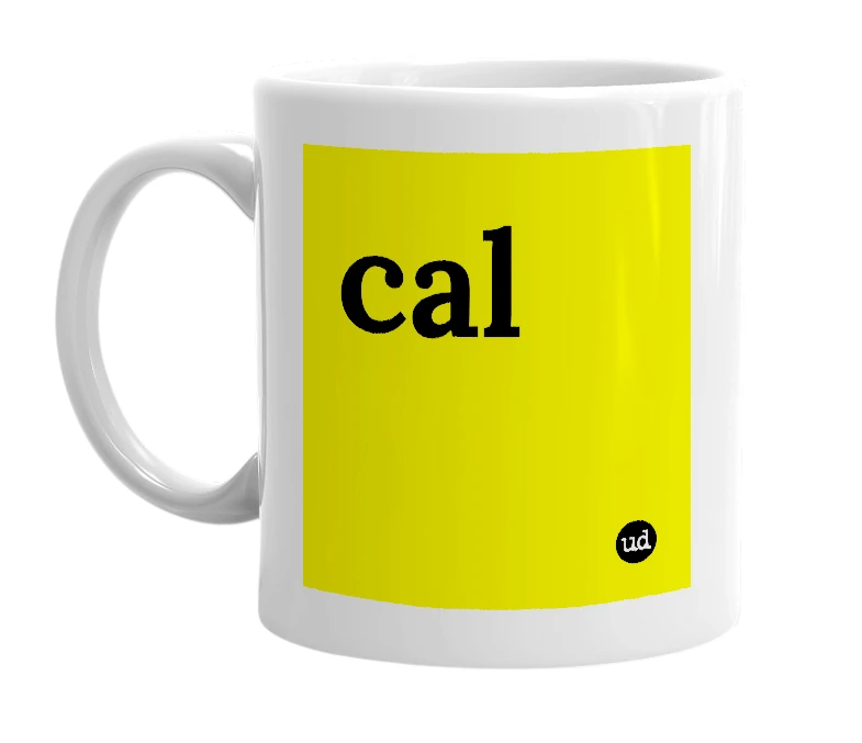 White mug with 'cal' in bold black letters