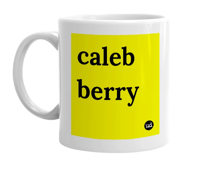 White mug with 'caleb berry' in bold black letters