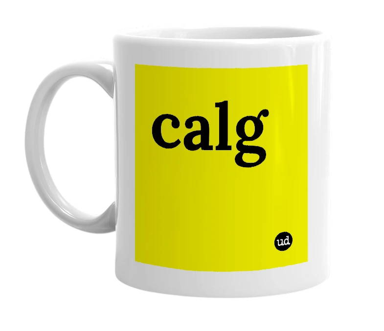 White mug with 'calg' in bold black letters
