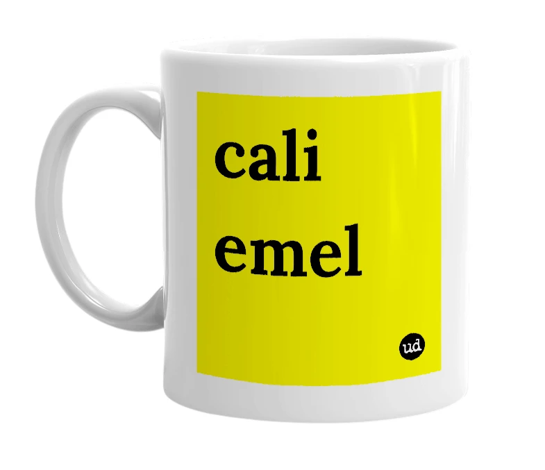 White mug with 'cali emel' in bold black letters