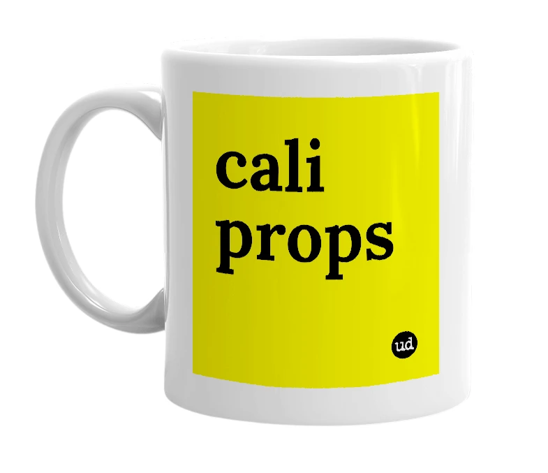 White mug with 'cali props' in bold black letters