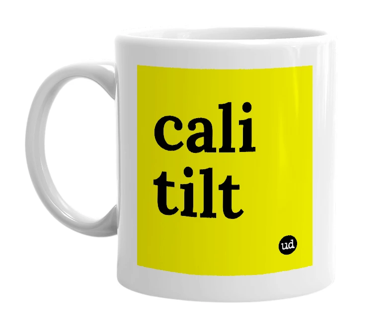 White mug with 'cali tilt' in bold black letters