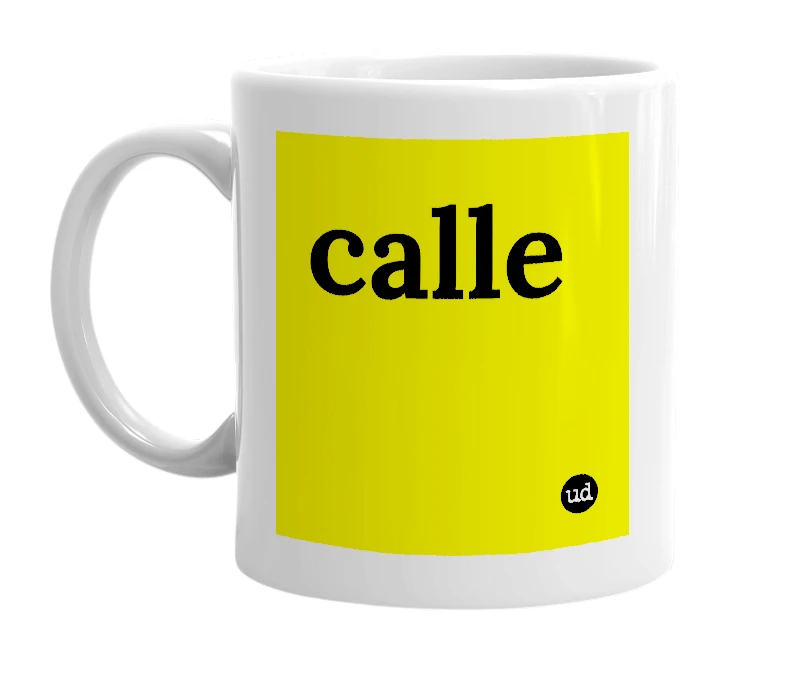 White mug with 'calle' in bold black letters