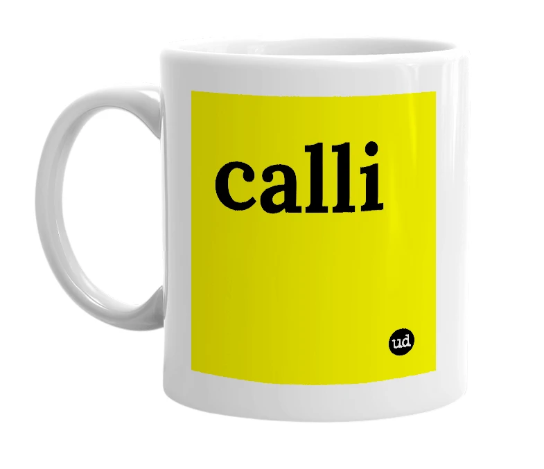 White mug with 'calli' in bold black letters