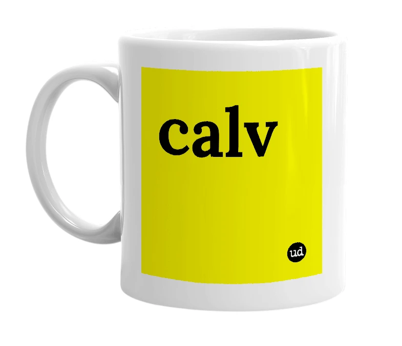 White mug with 'calv' in bold black letters