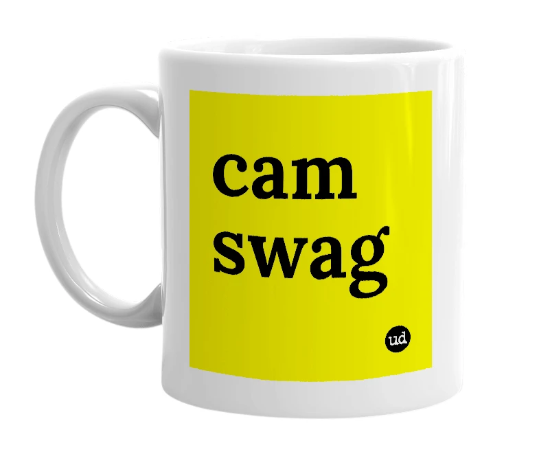 White mug with 'cam swag' in bold black letters