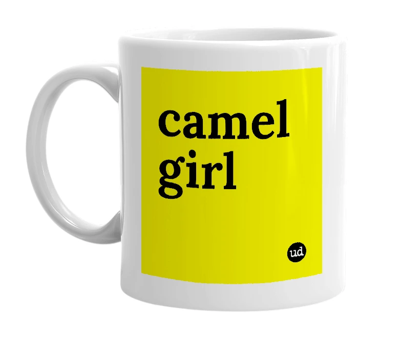 White mug with 'camel girl' in bold black letters
