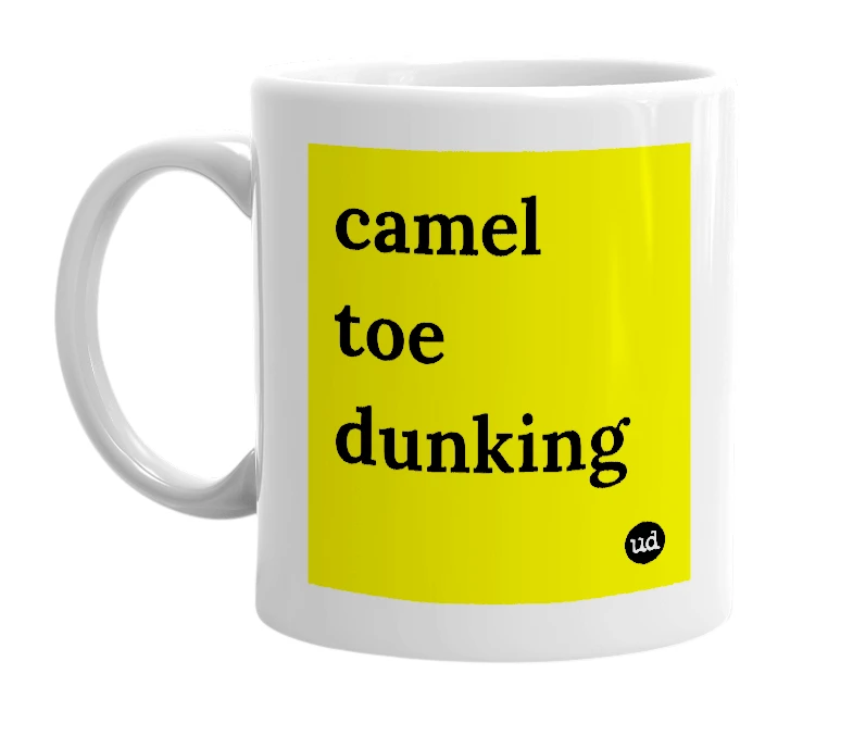 White mug with 'camel toe dunking' in bold black letters