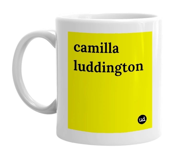 White mug with 'camilla luddington' in bold black letters